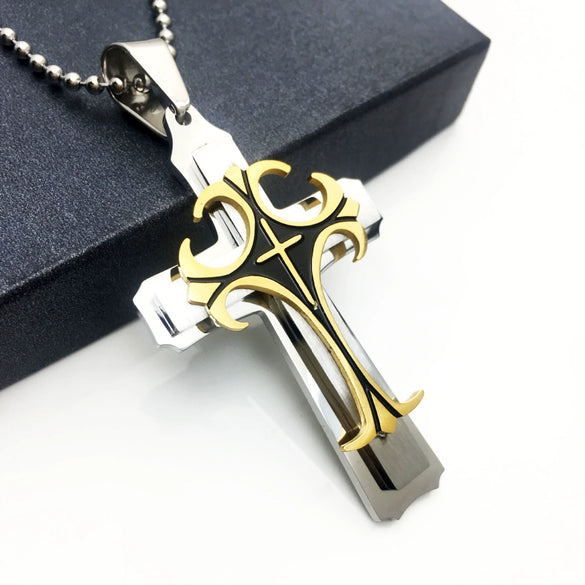 Titanium Steel Three Layer Cross Pendant Necklace Jewelry Original Design Geometric Style Electroplating