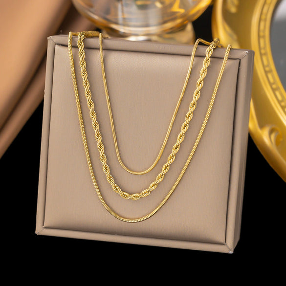 Titanium Steel Three Layer Round Snake Chain Rope Chain Clavicle Necklace For Women With Geometric Style