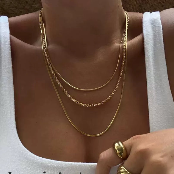 Titanium Steel Three Layer Round Snake Chain Rope Chain Clavicle Necklace For Women With Geometric Style