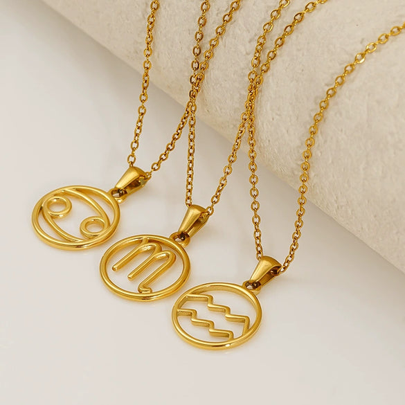 Titanium Steel Twelve Constellations Hollow Pendant Snake Bone Chain Necklace Electroplated 18K Gold Unisex