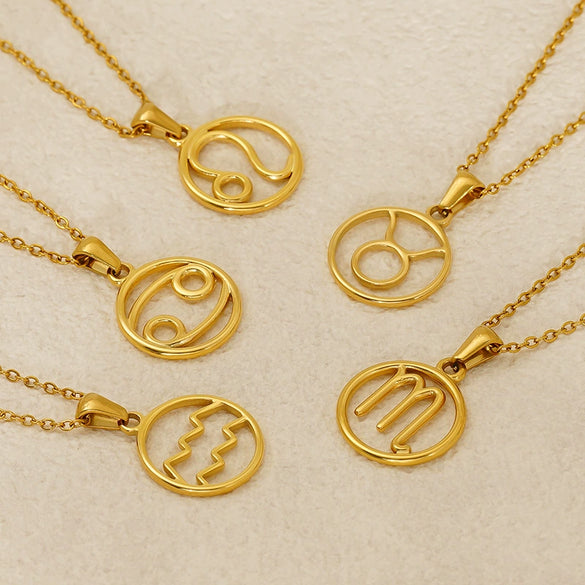 Titanium Steel Twelve Constellations Hollow Pendant Snake Bone Chain Necklace Electroplated 18K Gold Unisex