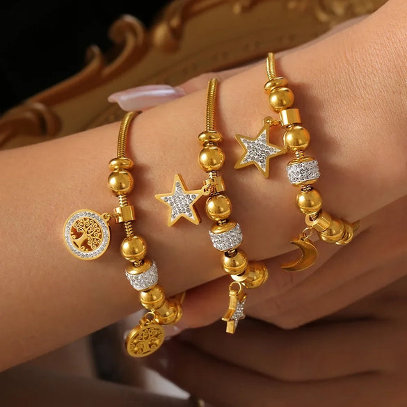 316L Stainless Steel Unisex Snake Bone Chain Bracelet With Life Tree Star Moon Diamond Design Pendant Electroplating And Geometric Style