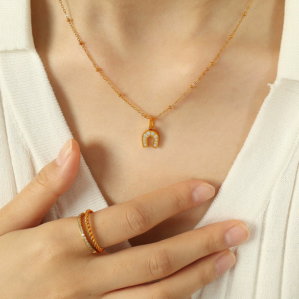 316L Stainless Steel Ushape Inlaid Zircon Electroplated Pendant Necklace For Women