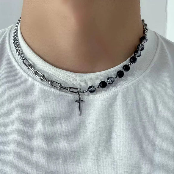 Titanium Steel Ushaped Hiphop Mang Star Cross Ice Crack Bead Stitching Polishing Necklace Unisex Trendy Niche Design Collarbone Chain Accessories