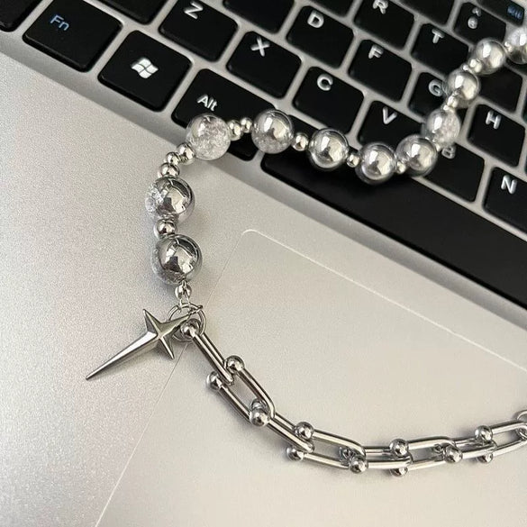Titanium Steel Ushaped Hiphop Mang Star Cross Ice Crack Bead Stitching Polishing Necklace Unisex Trendy Niche Design Collarbone Chain Accessories