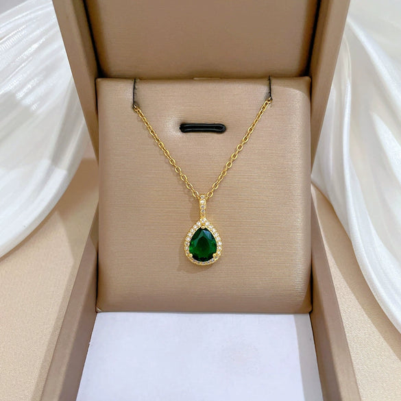 Titanium Steel Water Drop Green Zircon Microinlay Geometric Electroplated Women's Necklace Earrings Set