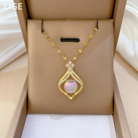 Titanium Steel Water Drop Mermaid Style Microinlaid Real Gold Necklace With Geometric Pattern For Women