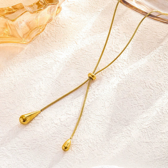 Titanium Steel Water Drop Shape Necklace And Tassel Earrings With Snake Bone Chain For Women Electroplated