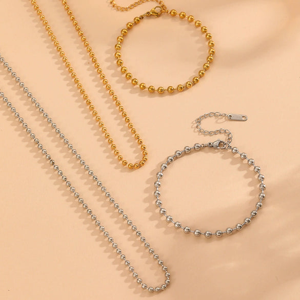 Titanium Steel Wave Bead Jewelry Set With Flower Pattern For Women Include Necklace Bracelet Anklet