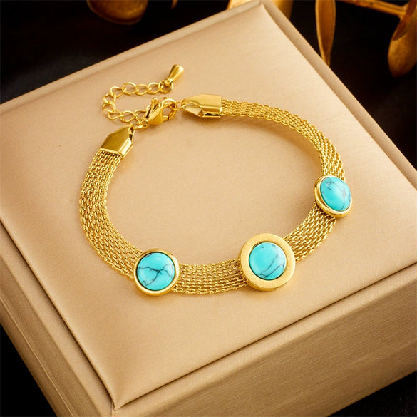 Titanium Steel Wide Surface Round Electroplated Women's Jewelry Bracelet With Turquoise