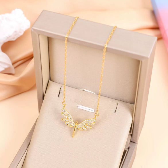Titanium Steel Women's Angel Wings Pendant Necklace With Mixed Gem Inlay And Geometric Styling And Electroplating Treatment