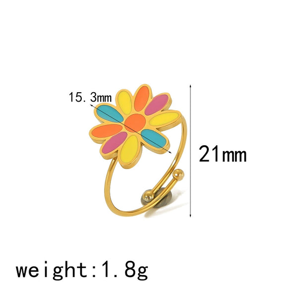 Titanium Steel Women's Bohemian Style Ring With Oil Dropping Design And Heart Flowers Animals Zodiac Patterns