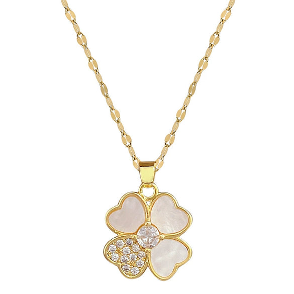 Titanium Steel Women's Cartoon Geometric Diamond Inlaid Clavicle Necklace With Shell Lucky Grass Flower Pendant