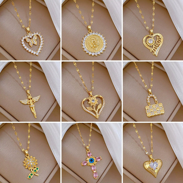 Titanium Steel Women's Cartoon Geometric Diamond Necklace With Copper Pendant