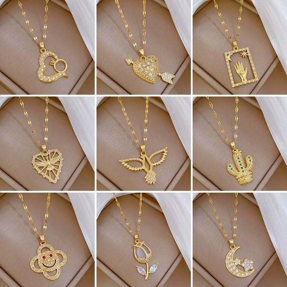 Titanium Steel Women's Cartoon Geometric Diamond Necklace With Copper Pendant