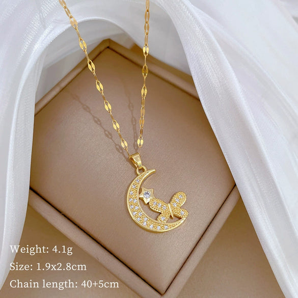 Titanium Steel Women's Cartoon Geometric Diamond Necklace With Copper Pendant