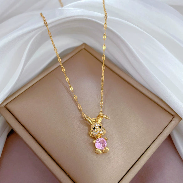Titanium Steel Women's Cartoon Geometric Rabbit Necklace Inlaid With Real Gold And Full Of Zirconium