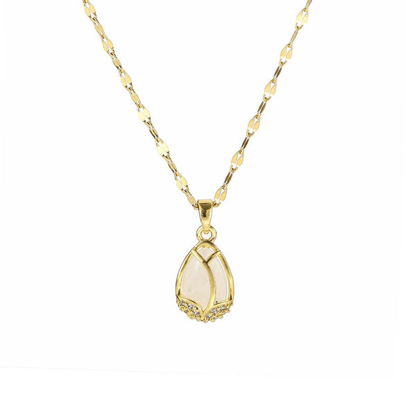 Titanium Steel Women's Cat's Eye Tulip Pendant Necklace With Flower Pattern And Electroplating Treatment