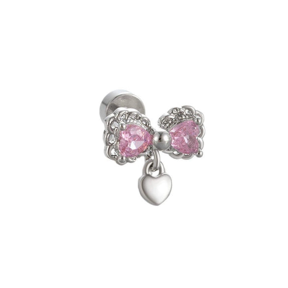 Titanium Steel Women's Cute Bear Pink Bow Zircon Earrings