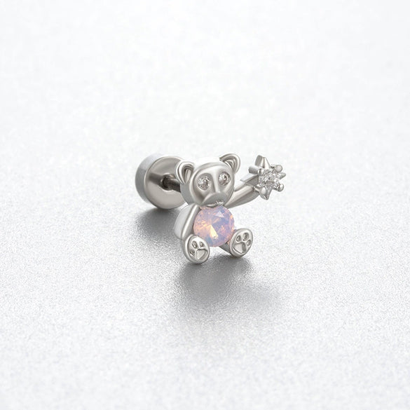 Titanium Steel Women's Cute Bear Pink Bow Zircon Earrings