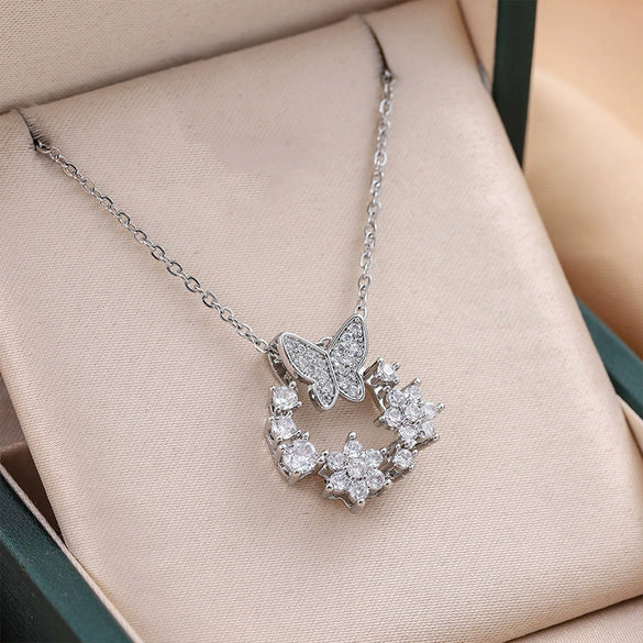 Titanium Steel Women's Elegant Fashion Donut Zircon Double Butterfly Pendant O Chain Necklace With Mixed Gemstone Inlay And Electroplating Bow Tie And Geometric Pattern