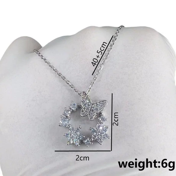 Titanium Steel Women's Elegant Fashion Donut Zircon Double Butterfly Pendant O Chain Necklace With Mixed Gemstone Inlay And Electroplating Bow Tie And Geometric Pattern