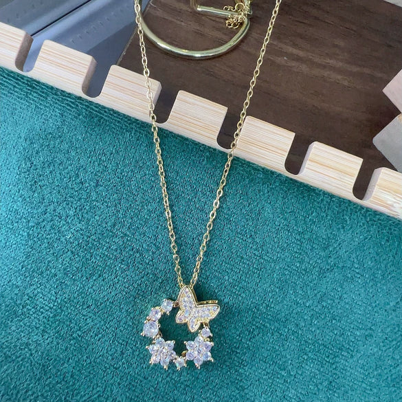 Titanium Steel Women's Elegant Fashion Donut Zircon Double Butterfly Pendant O Chain Necklace With Mixed Gemstone Inlay And Electroplating Bow Tie And Geometric Pattern