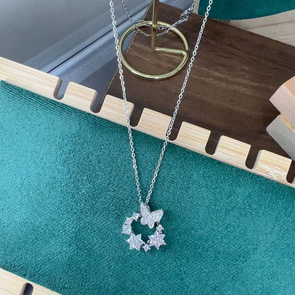 Titanium Steel Women's Elegant Fashion Donut Zircon Double Butterfly Pendant O Chain Necklace With Mixed Gemstone Inlay And Electroplating Bow Tie And Geometric Pattern