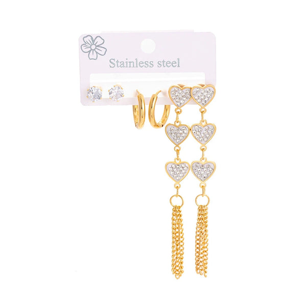 Titanium Steel Women's Elegant Love Zircon Earrings With Geometric Moon Square Long Tassel Electroplating Design