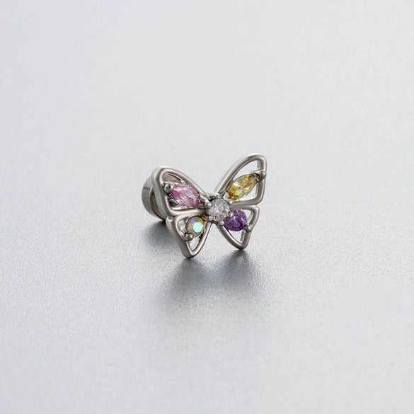 Titanium Steel Women's Fairy Style Screw Ear Nail With Zircon Butterfly And Love Flower Design