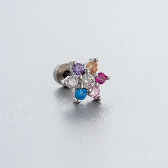 Titanium Steel Women's Fairy Style Screw Ear Nail With Zircon Butterfly And Love Flower Design
