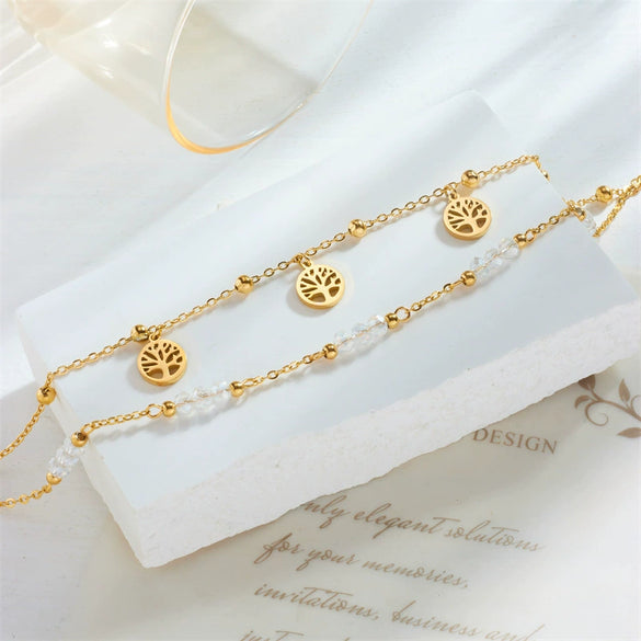 Titanium Steel Women's Fashion Light Luxury Life Tree Crystal Beaded Anklet