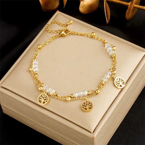 Titanium Steel Women's Fashion Light Luxury Life Tree Crystal Beaded Anklet