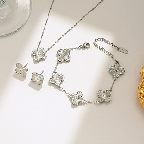 Titanium Steel Women's Fashion Versatile Laser Fourleaf Flower Set With Necklace Bracelet Earrings And Electroplating