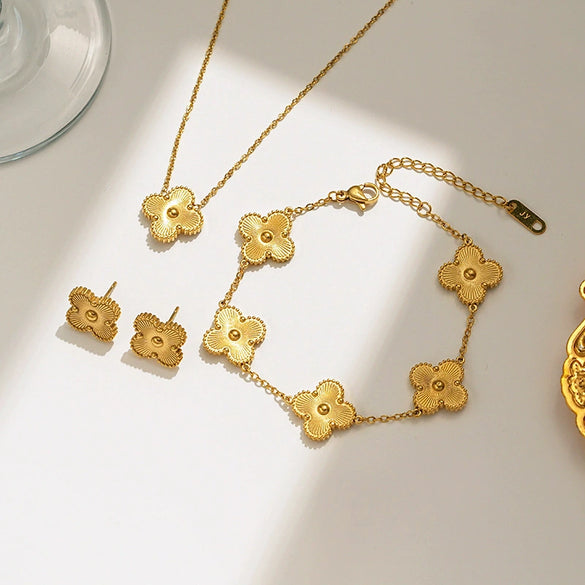 Titanium Steel Women's Fashion Versatile Laser Fourleaf Flower Set With Necklace Bracelet Earrings And Electroplating
