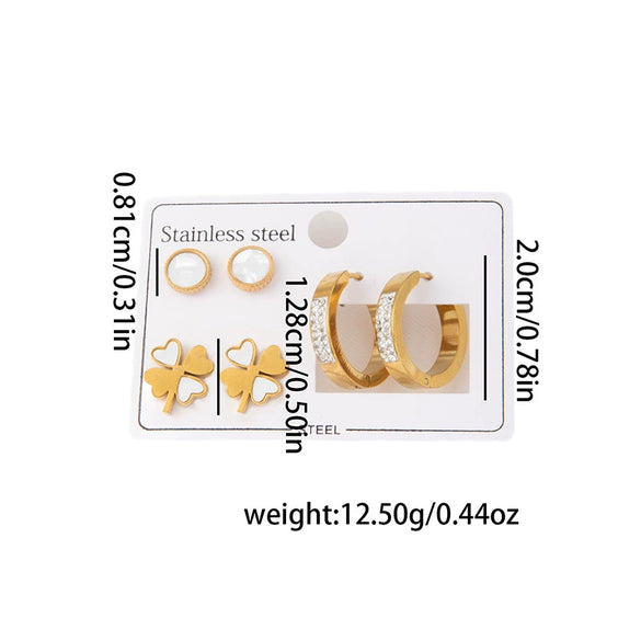 Titanium Steel Women's Fashionable Four Leaf Clover And Circle Zircon Earrings Set Simple Style With Electroplating