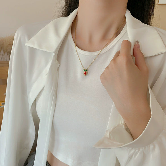 Titanium Steel Women's Fruit Food Style Geometric Carrot Pendant Necklace With Mixed Gem Inlay And Diamond Design And Cross Chain