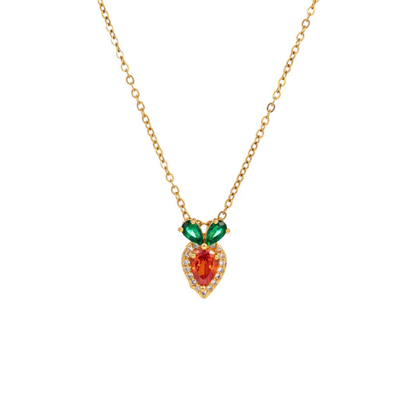 Titanium Steel Women's Fruit Food Style Geometric Carrot Pendant Necklace With Mixed Gem Inlay And Diamond Design And Cross Chain
