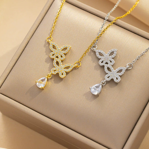 Titanium Steel Women's Geometric Butterfly Zircon Necklace With Diamond Design