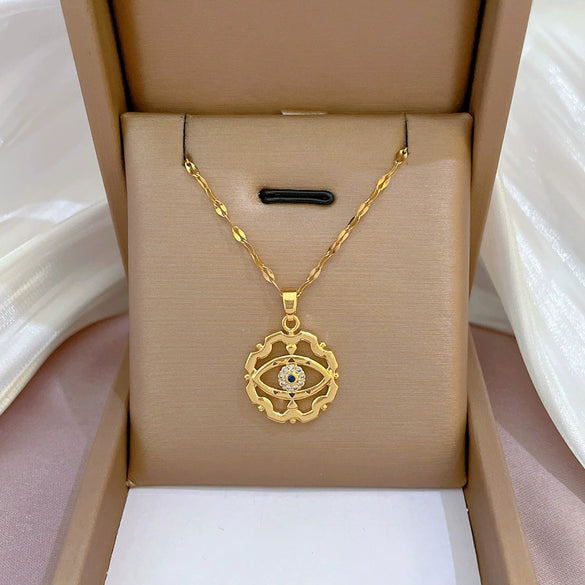 Titanium Steel Women's Geometric Diamond Microinlaid Devil's Eye Necklace Copper Plated Gold Pendant