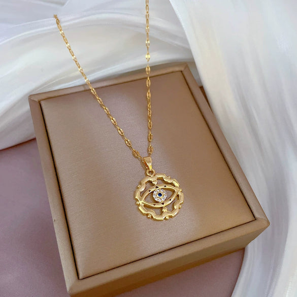 Titanium Steel Women's Geometric Diamond Microinlaid Devil's Eye Necklace Copper Plated Gold Pendant