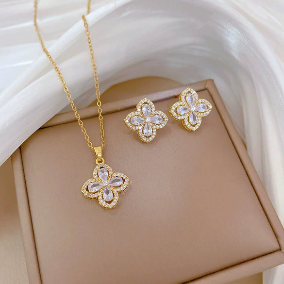 Titanium Steel Women's Geometric Four Leaf Flower Zircon Earrings Necklace Set With Electroplating