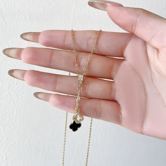 Titanium Steel Women's Geometric Fourleaf Clover Pendant Necklace With Diamondplated Goldplated Tassel And Copper Pendant