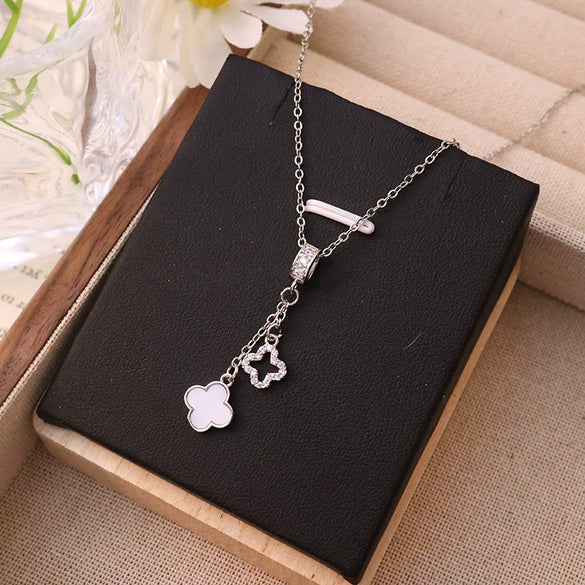 Titanium Steel Women's Geometric Fourleaf Clover Pendant Necklace With Diamondplated Goldplated Tassel And Copper Pendant