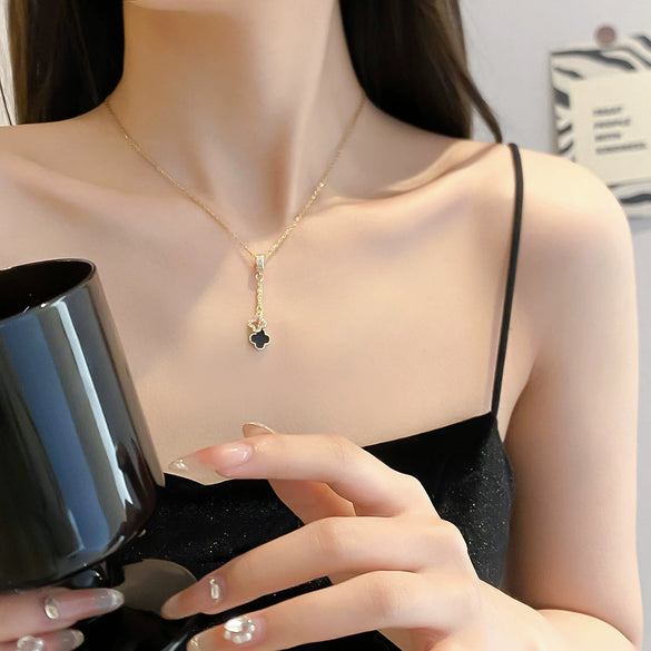 Titanium Steel Women's Geometric Fourleaf Clover Pendant Necklace With Diamondplated Goldplated Tassel And Copper Pendant