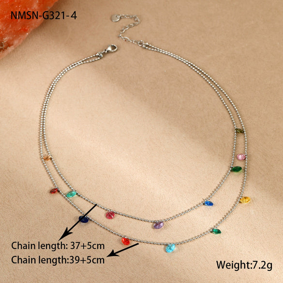 Titanium Steel Women's Geometric Inlaid Colorful Zircon Multilayer Stacked Fashion Necklace 18K Gold Plated