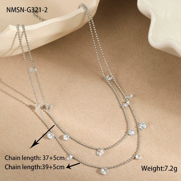 Titanium Steel Women's Geometric Inlaid Colorful Zircon Multilayer Stacked Fashion Necklace 18K Gold Plated