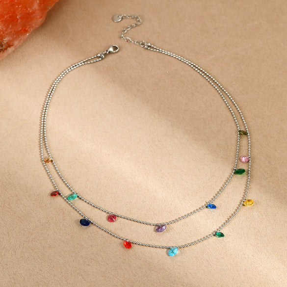 Titanium Steel Women's Geometric Inlaid Colorful Zircon Multilayer Stacked Fashion Necklace 18K Gold Plated