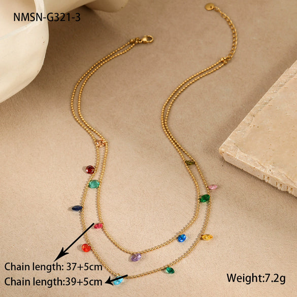 Titanium Steel Women's Geometric Inlaid Colorful Zircon Multilayer Stacked Fashion Necklace 18K Gold Plated
