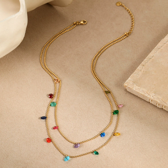Titanium Steel Women's Geometric Inlaid Colorful Zircon Multilayer Stacked Fashion Necklace 18K Gold Plated